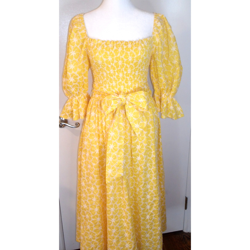 Aura The Label Yellow Midi Dress Cottagecore Belted‎ Floral  SM NWT